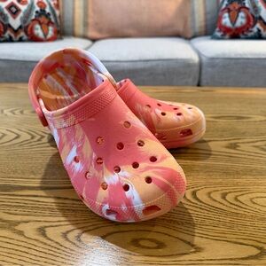 EUC Crocs, Marbled Pink & Peach Sherbert